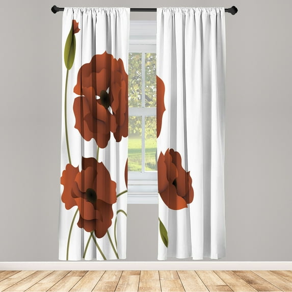 Ambesonne Floral Curtains, Poppy Flowers Buds Pastoral, Pair of 28"x84", Cinnamon White