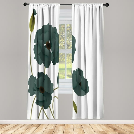 Ambesonne Floral Curtains, Poppy Flowers Buds Pastoral, Pair of 28"x95", Grey Teal