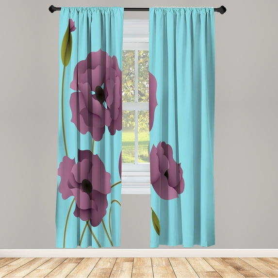 Ambesonne Floral Curtains, Poppy Flowers Buds Pastoral, Pair of 28"x95", Sky Blue