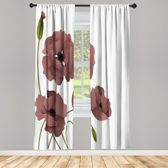 Ambesonne Floral Curtains, Poppy Flowers Buds Pastoral, Pair of 28"x95", Warm Taupe