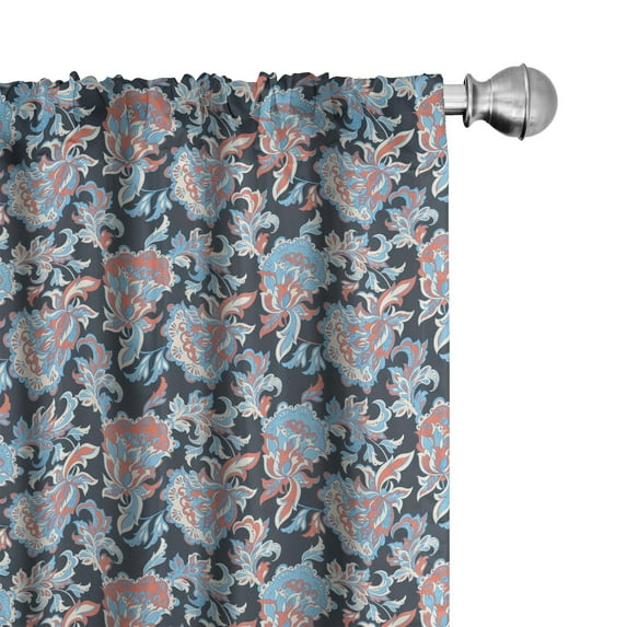 Ambesonne Floral Curtains, Retro Folk Blossoms, Pair of 28"x84", Charcoal Grey Coral Blue