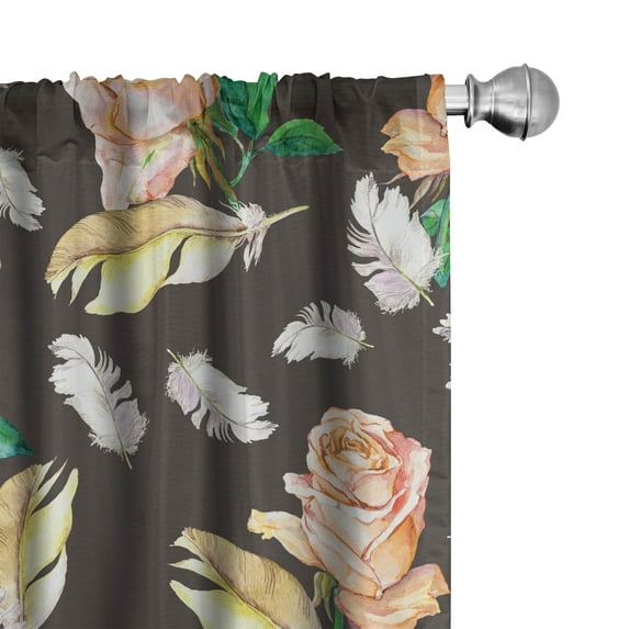 Ambesonne Floral Curtains, Retro Roses Feathers Plot, Pair of 28"x84", Jade Green Pale Salmon