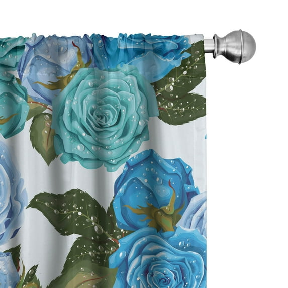 Ambesonne Floral Curtains, Roses Leaves Waterdrops Art, Pair of 28"x84", Sky Blue and Green Brown
