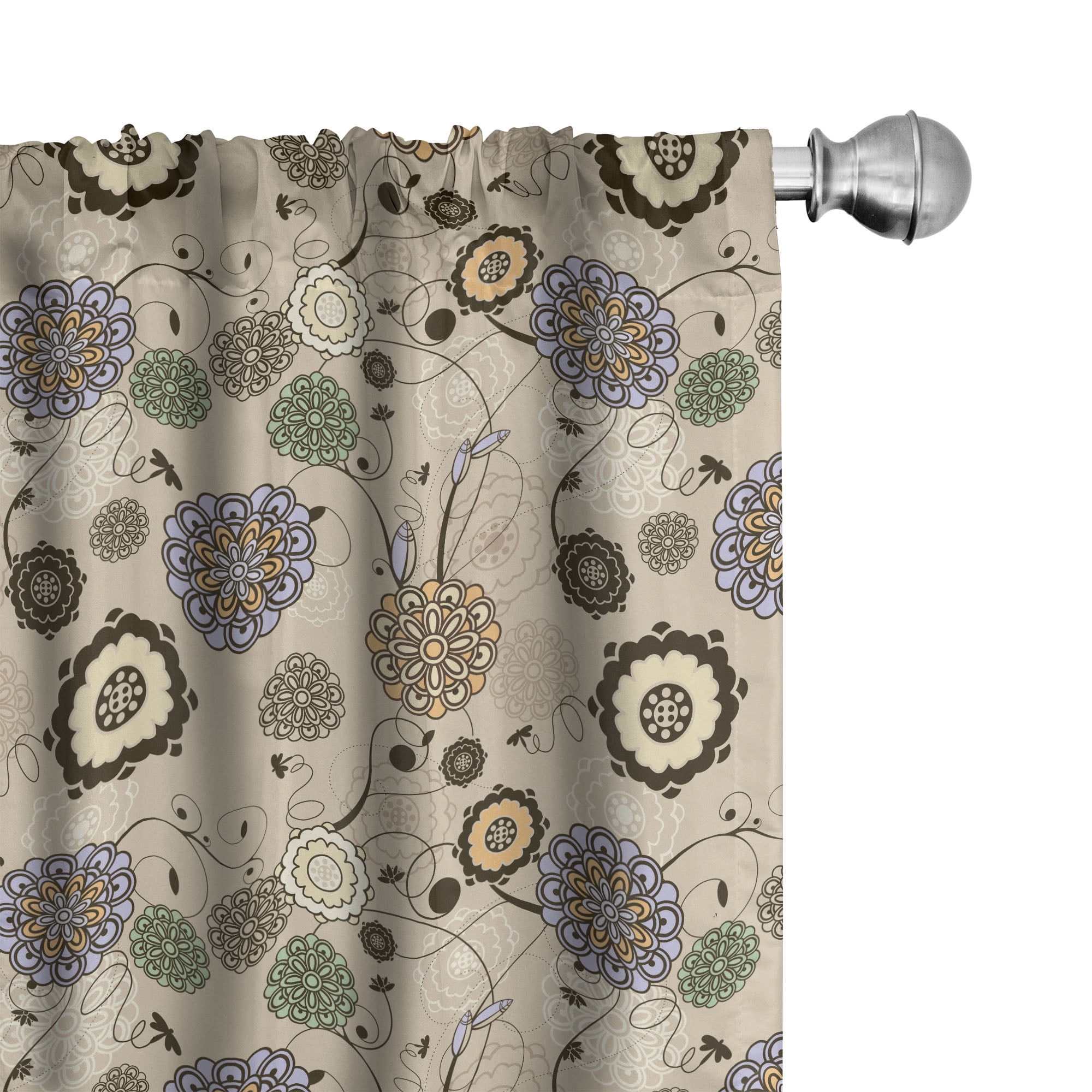 Beige Floral Polyester Rod Pocket Curtain Panels, 28" x 63" Set of 2