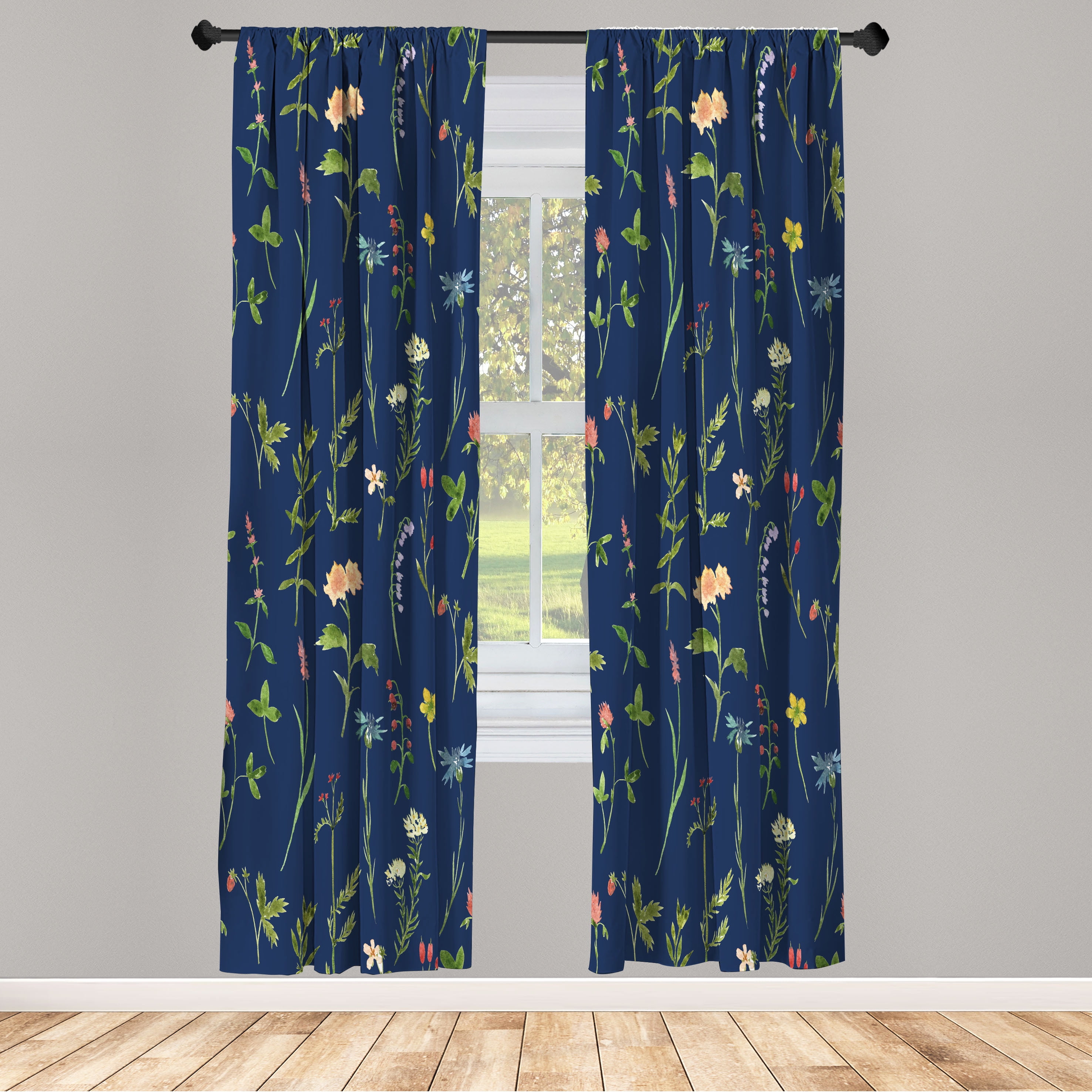 Navy and Yellow Floral Microfiber Rod Pocket Curtain Panels, 28" x 63"