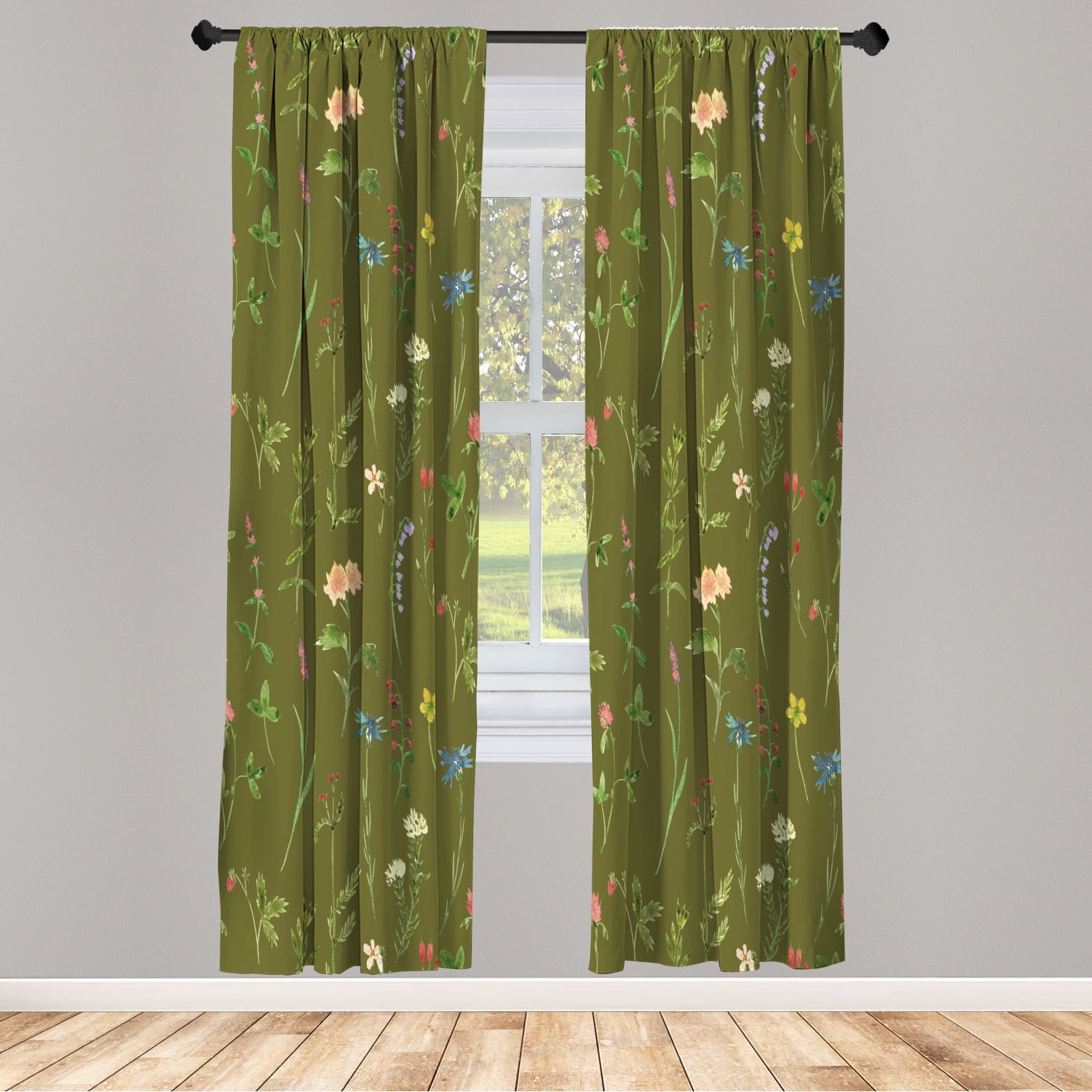 Moss Green Floral Microfiber Rod Pocket Curtain Panels, 28" x 95"