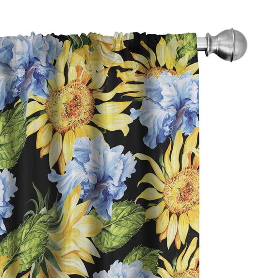 Ambesonne Floral Curtains, Sunflowers and Blue Flowers, Pair of 28"x95", Earth Yellow Apple Green