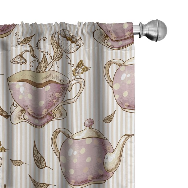 Ambesonne Floral Curtains, Teapots Cups Flowers Vintage, Pair of 28"x95