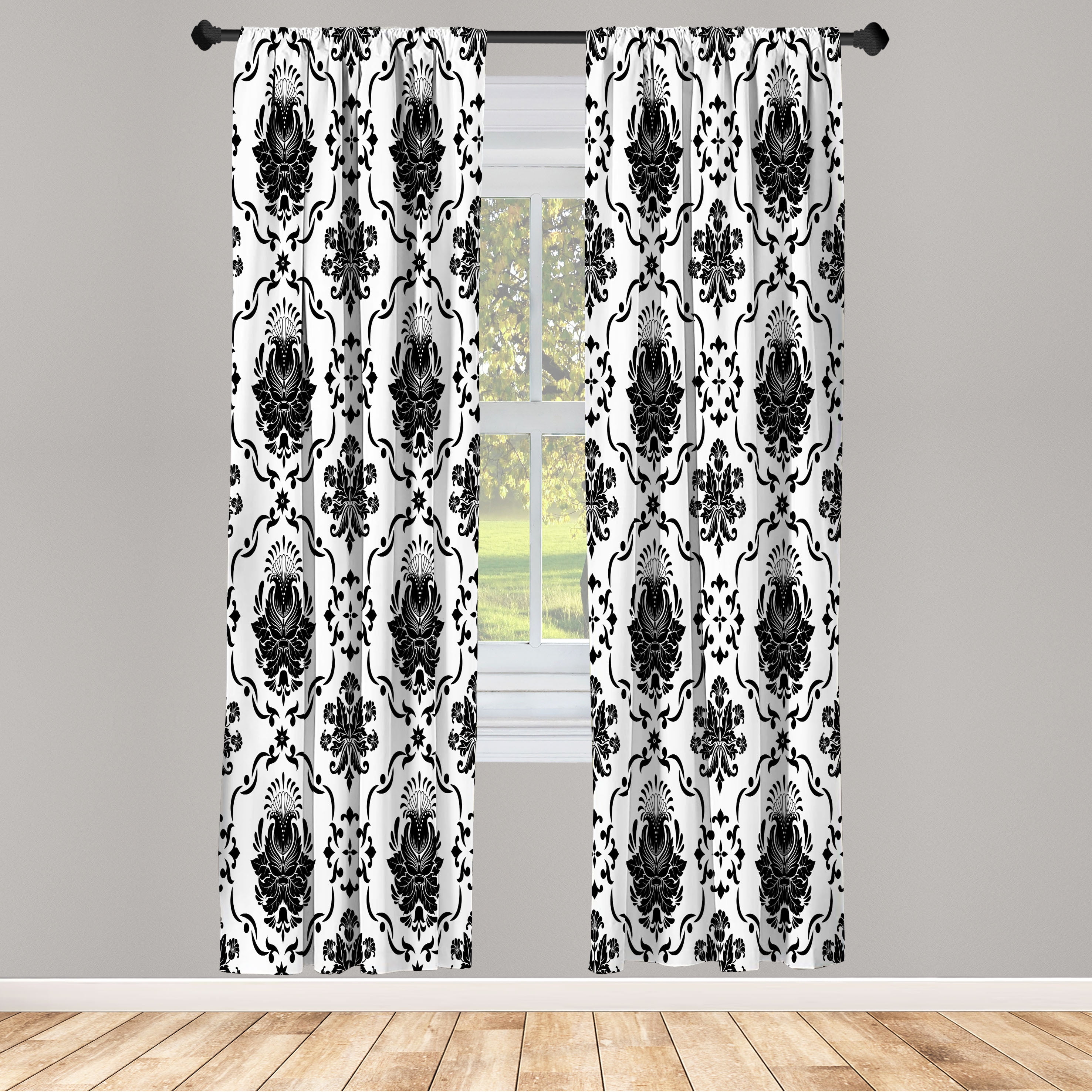 Victorian Black and White Floral Polyester Curtain Panels, 28" x 63"