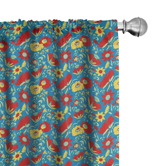 Ambesonne Floral Curtains, Vintage-Colored Flowers Art, Pair of 28"x95", Blue Mustard and Vermilion
