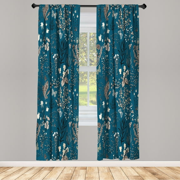 Ambesonne Floral Curtains, Vintage Garden Print Classic, Pair of 28"x63", Petrol Blue