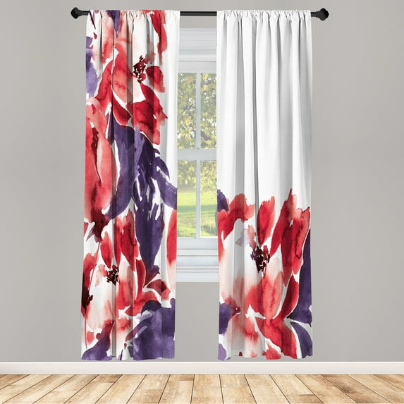 Ambesonne Floral Curtains, Watercolor Look Flowers Art, Pair of 28"x84", Ruby