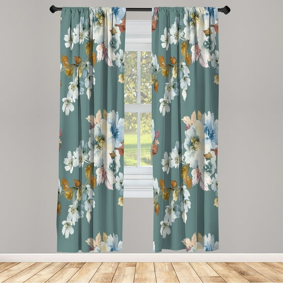 Ambesonne Floral Curtains, Watercolor Shabby Ornaments, Pair of 28"x63", Cadet Blue