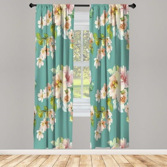Ambesonne Floral Curtains, Watercolor Shabby Ornaments, Pair of 28"x63", Mint Green