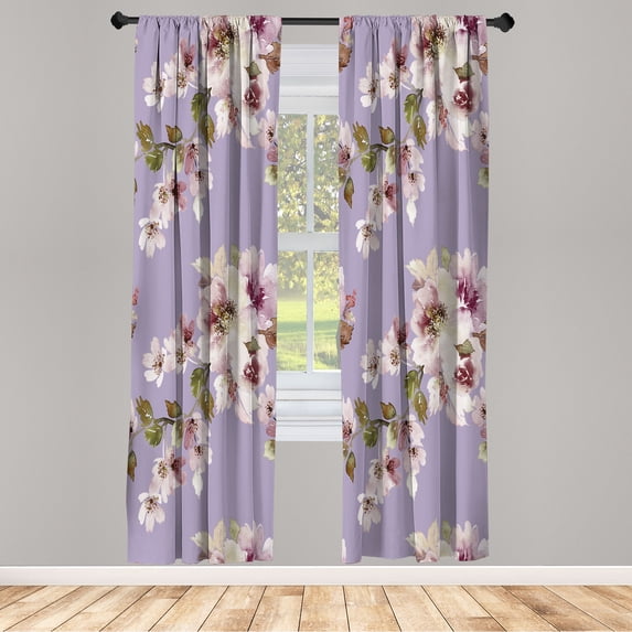 Ambesonne Floral Curtains, Watercolor Shabby Ornaments, Pair of 28"x63", Purple Grey