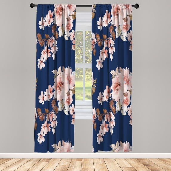 Ambesonne Floral Curtains, Watercolor Shabby Ornaments, Pair of 28"x84", Night Blue