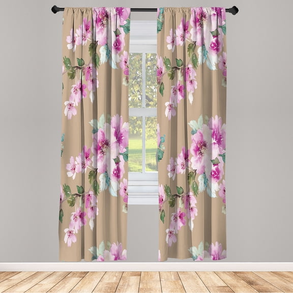 Ambesonne Floral Curtains, Watercolor Shabby Ornaments, Pair of 28"x95", Pastel Brown
