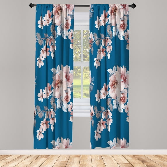 Ambesonne Floral Curtains, Watercolor Shabby Ornaments, Pair of 28"x95", Sea Blue