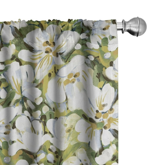 Ambesonne Floral Curtains, White Flowers Watercolor Art, Pair of 28"x84", Dark Yellow Olive Green