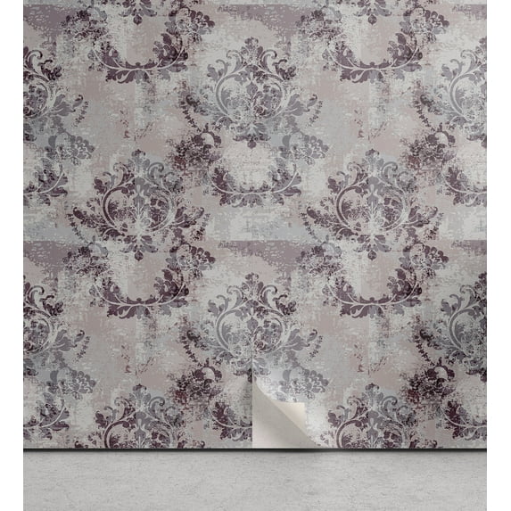 Ambesonne, Floral Damask Peel & Stick Wallpaper for Home, Antique Flowers Print, 13"x100", Purpleblue Eggplant