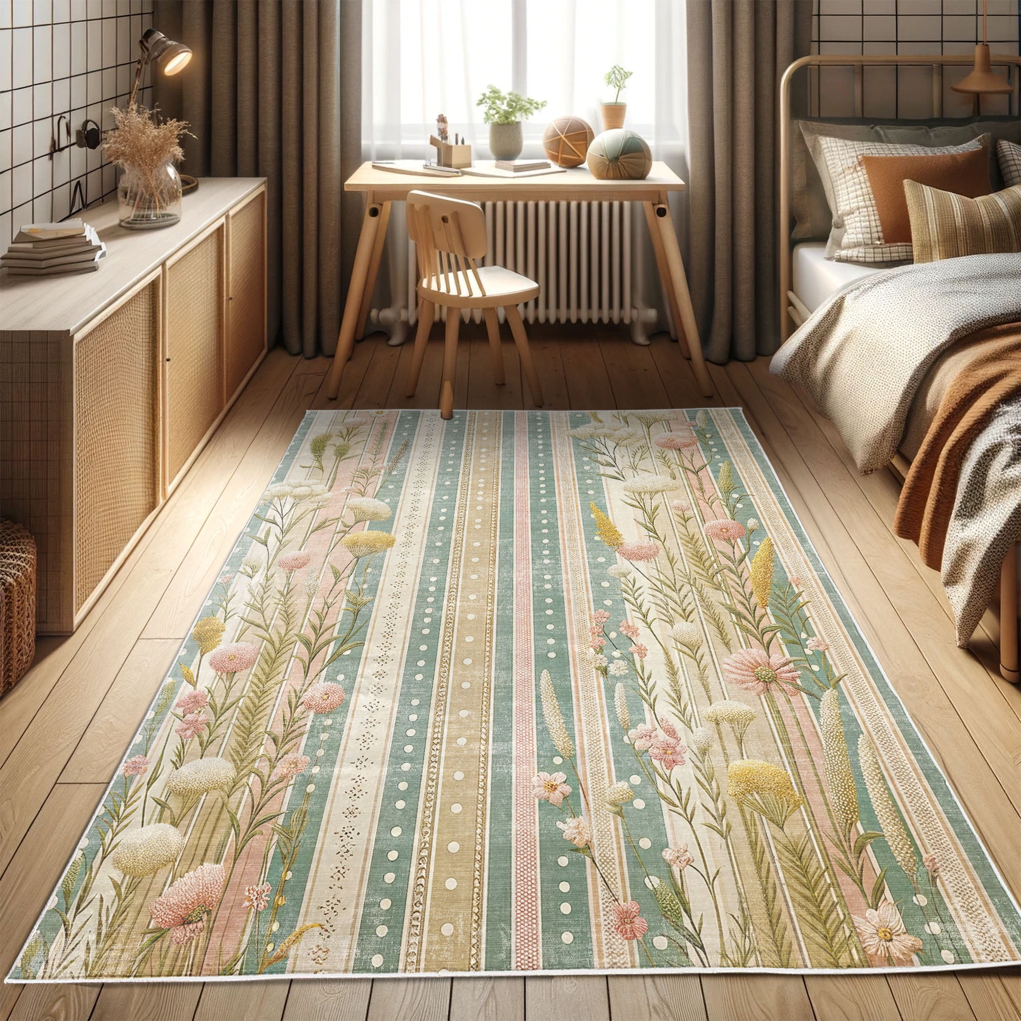 Cadet Blue and Blush Floral Synthetic Area Rug, 2'5" x 5'