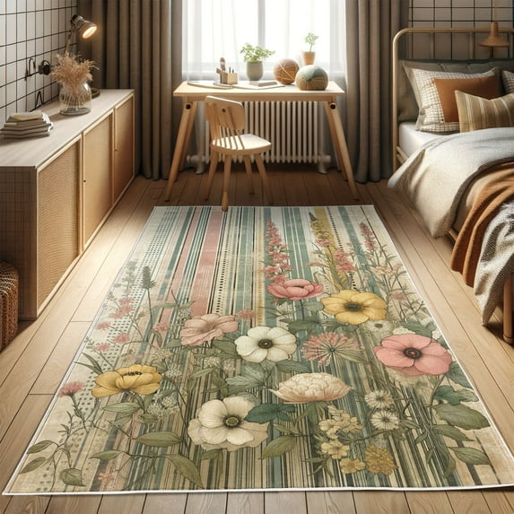 Ambesonne Floral Decorative Rug Carpet, Vintage Botanical Blossoms, 5' 1" X 7' 5", Beige Reseda Green and Blush