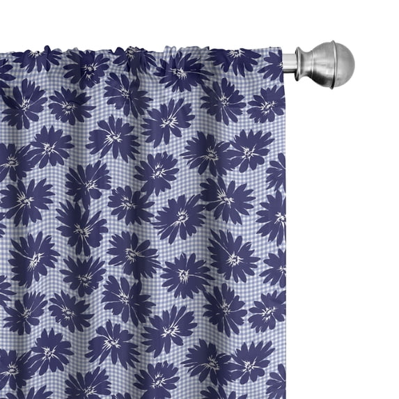 Ambesonne Floral Design Window Curtains, Flowers on Checkered, Each 28" W x 63" L, Dark Indigo Pale Blue
