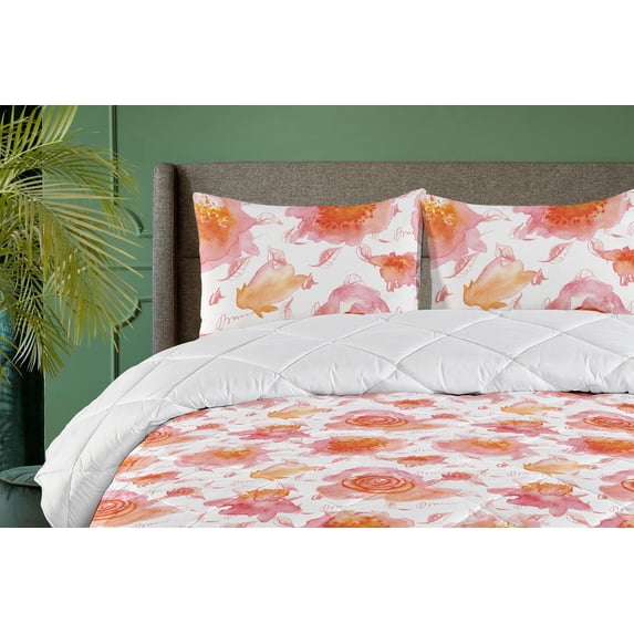 Ambesonne Floral Design Down Alternative Quilt Comforter, Autumn Flowers Art, Twin XL, Vermilion Rose White