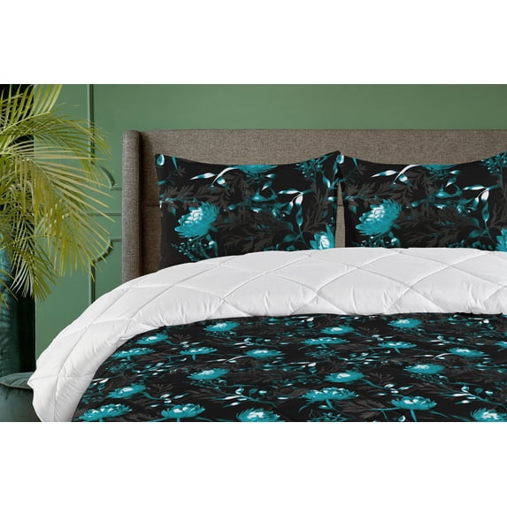 Ambesonne Floral Design Down Alternative Quilt Comforter, Boho Bloom Silhouette, Twin XL, Dark Seafoam Dark Tan