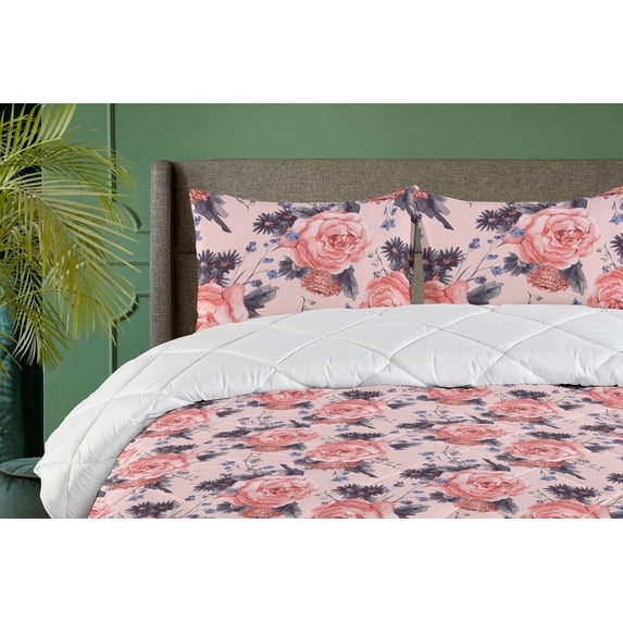 Ambesonne Floral Design Down Alternative Quilt Comforter, Delicate Rose Artwork, Full, Coral Blush Dark Lavender
