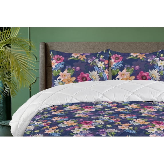 Ambesonne Floral Design Down Alternative Quilt Comforter, Springtime Flower Art, Twin, Dark Lavender Multicolor