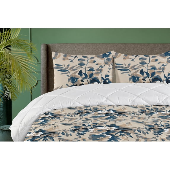 Ambesonne Floral Design Down Alternative Quilt Comforter, Vintage Reduncles Art, Full, Eggshell Dark Lavender