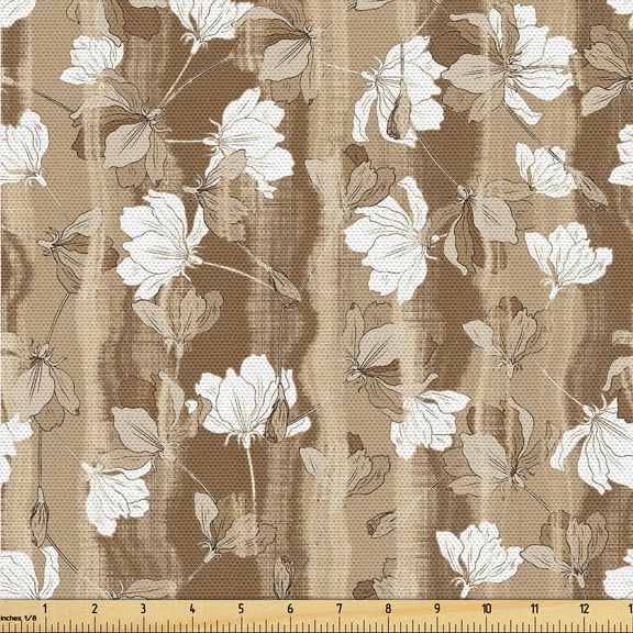 Ambesonne Floral Design Fabric by the Yard Upholstery, Autumn Flowers Beige, 1 Yard, White Umber Pale Camel