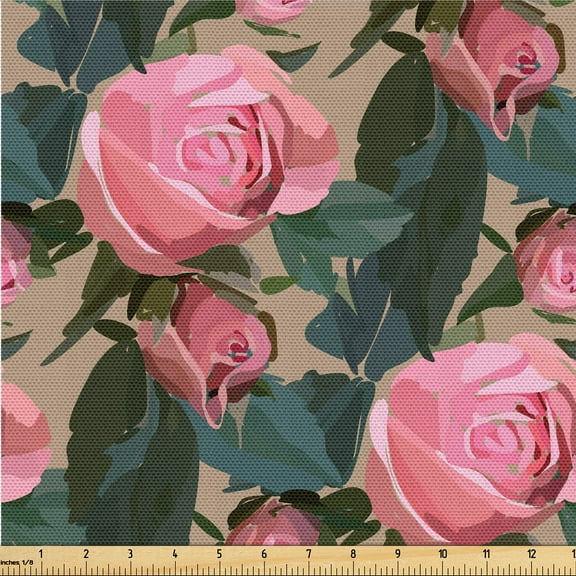 Ambesonne Floral Design Fabric by the Yard Upholstery, Delicate Rose Pattern, 2 Yards, Pastel Pink Dark Teal