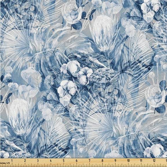 Ambesonne Floral Design Fabric by the Yard Upholstery, Dreamy Flowers Leafy, 2 Yards, Lavender Blue Off White