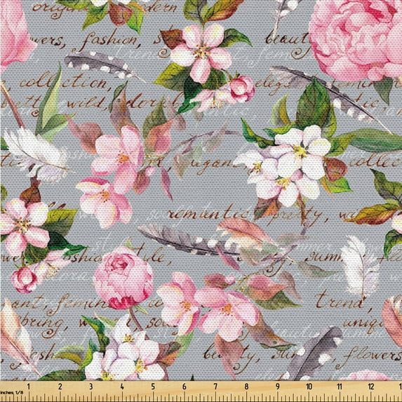 Ambesonne Floral Design Fabric by the Yard Upholstery, Flowers Leaves Fuzz, 10 Yards, Pale Pink Forest Green