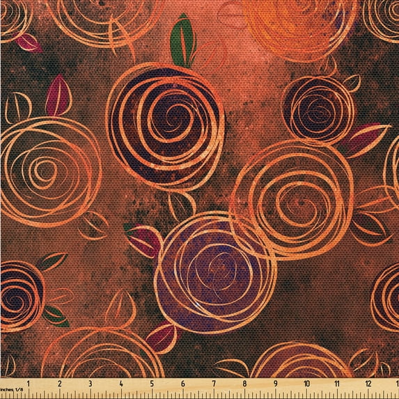 Ambesonne Floral Design Fabric by the Yard, Grunge Roses Print, 5 Yards, Vermilion and Pale Orange