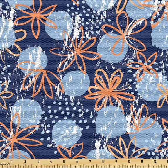 Ambesonne Floral Design Fabric by the Yard Upholstery, Grungy Modern Flowers, 3 Yards, Dark Indigo Burnt Sienna