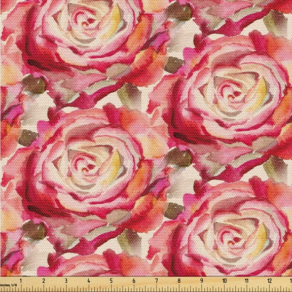 Ambesonne Floral Design Fabric by the Yard Upholstery, Retro Rose Pattern, 10 Yards, Dark Coral Peacock Green