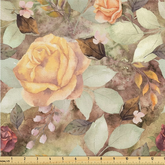 Ambesonne Floral Design Fabric by the Yard Upholstery, Romantic Rose Boho, 3 Yards, Pistachio Green Mustard