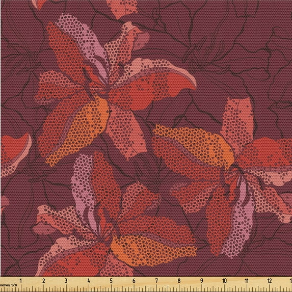 Ambesonne Floral Design Fabric by the Yard Upholstery, Spots Simple Flowers, 5 Yards, Dark Coral Vermilion Ruby