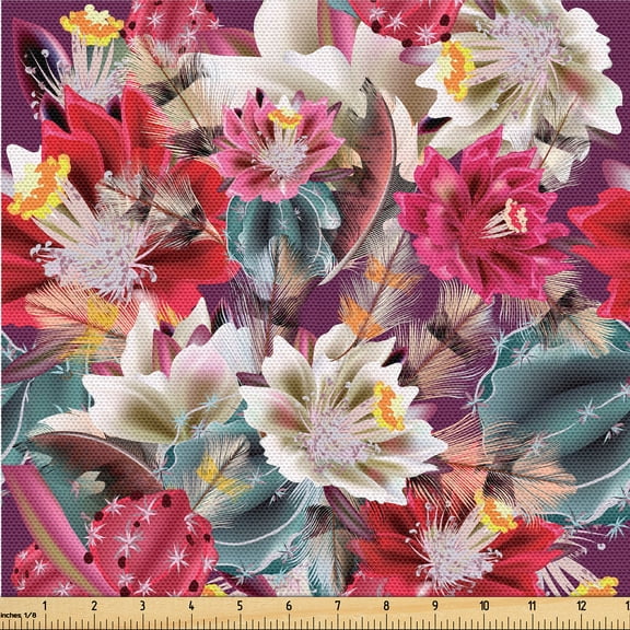 Ambesonne Floral Design Fabric by the Yard Upholstery, Jumble Cactus Flowers, 3 Yards, Dark Coral Laurel Green
