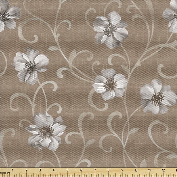 Ambesonne Floral Design Fabric by the Yard Upholstery, Modern Spring Flowers, 5 Yards, Cocoa Pale Grey