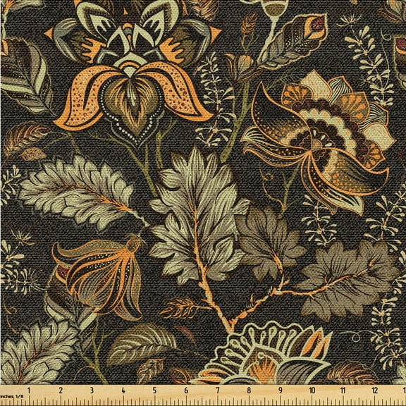 Ambesonne Floral Design Fabric by the Yard Upholstery, Paisley Flowers Print, 2 Yards, Pistachio Green Marigold
