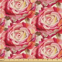 Ambesonne Floral Design Fabric by the Yard Upholstery, Retro Rose Pattern, 2 Yards, Dark Coral Peacock Green