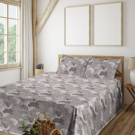 Ambesonne Floral Design Fitted & Flat Sheet with Sham 3 Pcs Set, Art Abstract Flowers, Twin XL, Dimgray Pale Grey