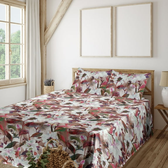 Ambesonne Floral Design Fitted & Flat Sheet with Sham 3 Pcs Set, Colorful Dream Flower, Twin, Dark Coral Cocoa Hot Pink
