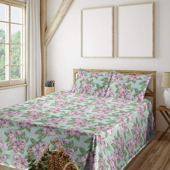 Ambesonne Floral Design Fitted & Flat Sheet with Sham 3 Pcs Set, Leafy Pattern Flowers, Twin XL, Pale Fuchsia Fern Green