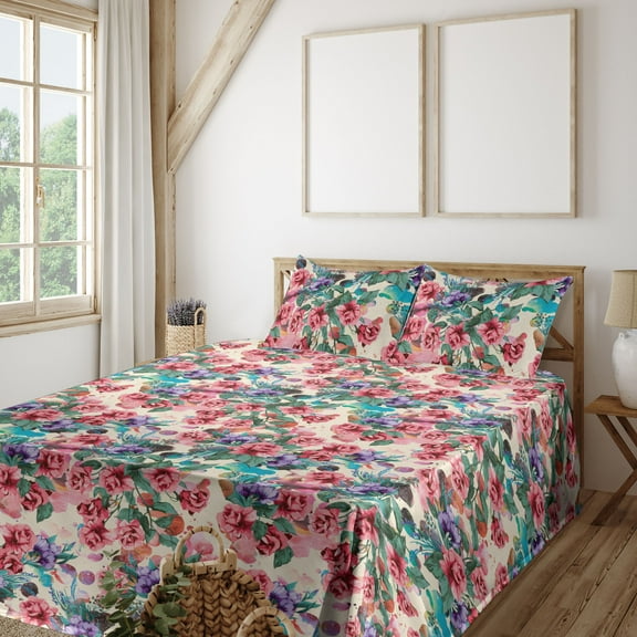 Ambesonne Floral Design Fitted & Flat Sheet with Sham 3 Pcs Set, Leaves and Rose Print, Twin XL, Jade Green Pastel Pink