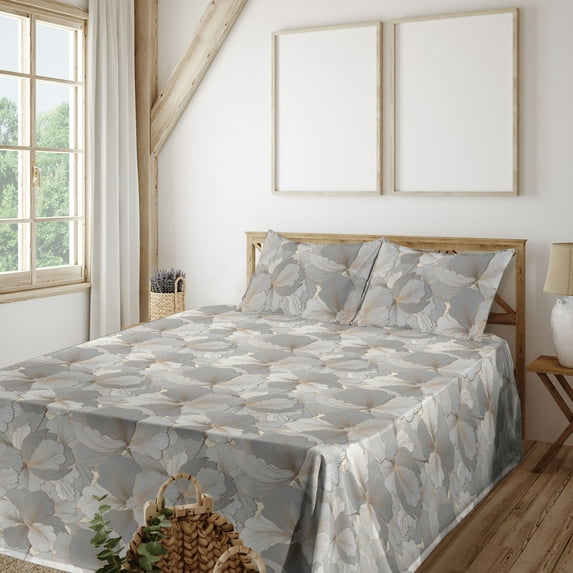 Ambesonne Floral Design Fitted & Flat Sheet with Sham 3 Pcs Set, Muted Colors Petals, Twin, Grey Pale Grey Cream